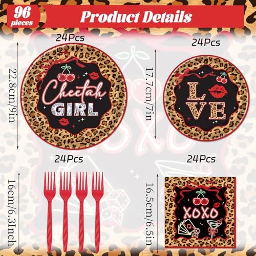 Cheetah Print Birthday Decorations - 96 Pcs Cheetah and Cherry Party Plates Napkins Forks Tableware Set, Red Leopard Print Supplies for Women Birthday Party Serves 24 - Image 2