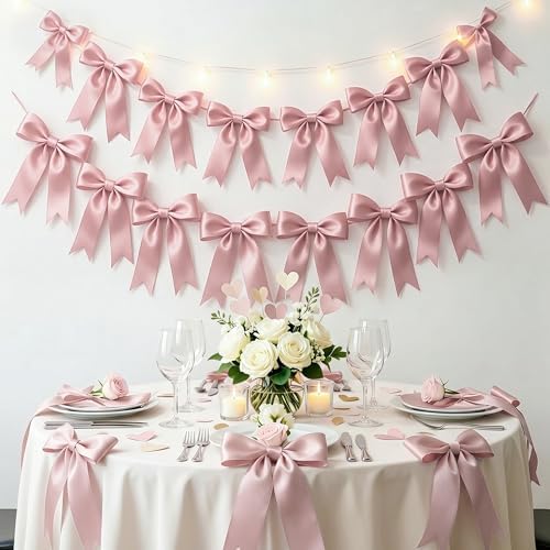 2 Strings 16PCS Pink Bow Garland Banner Decorations, Pre-Strung Satin Ribbon Bows for Birthday, Baby Shower, Bridal Shower, Coquette Girls Room, Bow Themed Party, Wedding, Christmas Tree Decorations by AERORIBOWEnjoyEveryDay