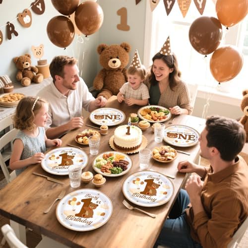 Grencian 96Pcs Brown Beary First Birthday Party Decoration, Serve 24 - Image 3