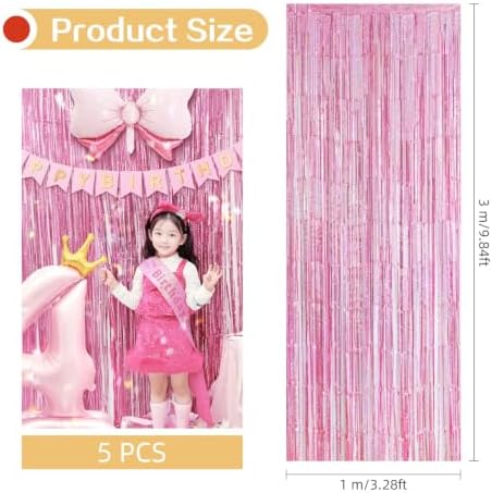 5 Pack Pink Foil Curtain Backdrop 3.2ft x 9.8ft Metallic Tinsel Foil Fringe Curtains Streamer Photo Booth Backdrop for Birthday Party Engagement Bachelorette Party Decorations (Sparkle Pink) - Image 3