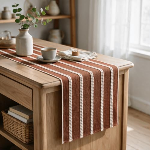 Artoid Mode Caramel Farmhouse Dashed Stripe Table Runner, Seasonal Holiday Fall Boho Rustic Kitchen Dining Table Decoration for Home Party Decor 12x108 Inch - Image 3