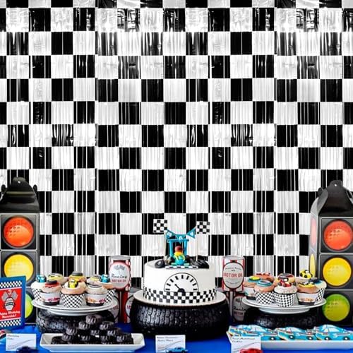 6 Pack 3.3Ft x 6.6Ft Race Car Checkered Foil Fringe Curtain Backdrop Decorations, Black White Metallic Tinsel Foil Streamers Curtain Photo Booth for Race Car One Happy Dude Birthday Party Decorations - Image 4