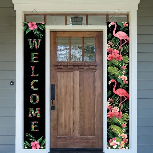 BlissYard 2pcs Black Pink Flamingo Door Banner Summer Hawaiian Porch Banners Sign Sunshine Hibiscus Floral Front Door Hanging Decor Banner for Seasonal Home Hawaii Tropical Party Outdoor Decorations - Image 5