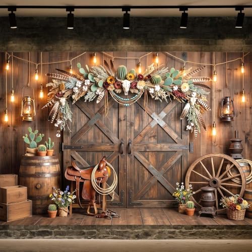 Western Cowboy Rustic Wooden Barn Door Backdrop, Wild West Cow Skull Cactus Vintage Farmhouse Photography Background for Rodeo Birthday Party Photo Booth Studio Portrait Props 6x4 FT - Image 6