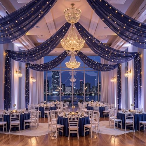 12 Panels Dark Blue Ceiling Curtains with Lights for Weddings - 5ftx20ft Wrinkle-Free Tulle Fabric Wedding Arch Draping Ceiling Drapes Decorations for Wedding Party Ceremony Stage Tent Event by Unknown