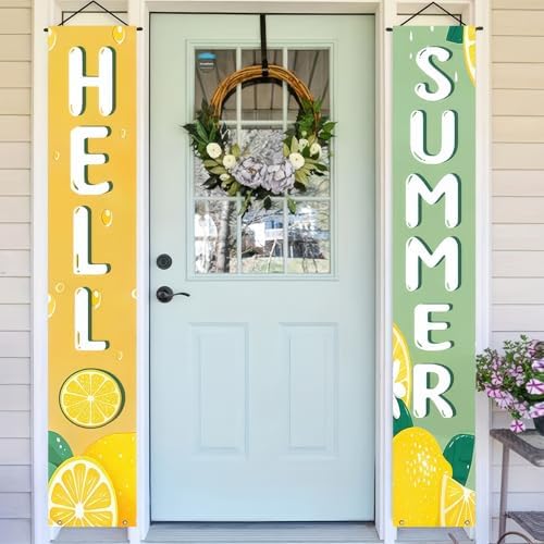 BlissYard 2pcs Hello Summer Door Banner Lemon Porch Banner Sign Sweet Summer Sunshine Front Door Hanging Decor Banners for Seasonal Home Hawaii Tropical Party Outdoor Decorations - Image 2