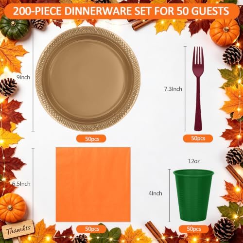 200pcs Fall Plastic Plates Party Supplies, Disposable 9’’ Heavy Duty Dinner Plates and Napkins, Cups & Cutlery Plastic Thanksgiving Dinnerware Set for Autumn Birthday, Harvest Party, Serves 50 Guests - Image 2