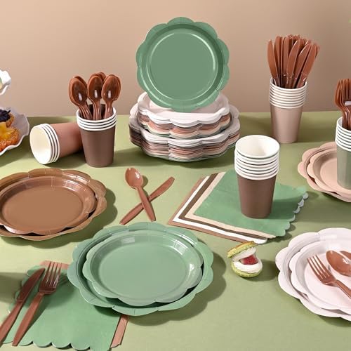 350 Pcs Woodland Baby Shower Party Supplies Set - Sage Green and Brown Paper Plates and Napkins Set Include Scalloped Paper Plate Napkin Cup Spoon Fork Knife for Safari Jungle Baby Shower Decorations - Image 6