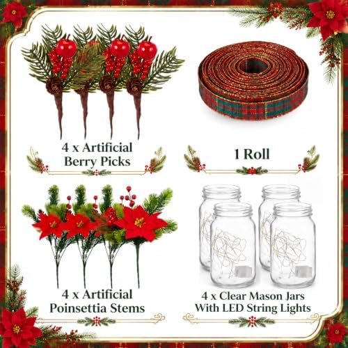 4 Sets Christmas Mason Jar Centerpiece with LED Lights - Image 2