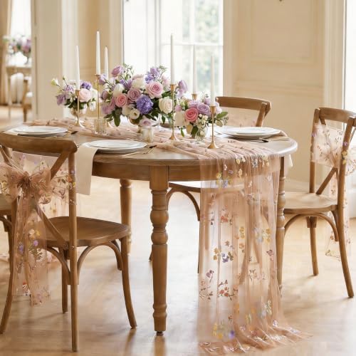 Floral Gauze Table Runner 10ft Embroidery Tulle Spring Wildflower Table - Image 2