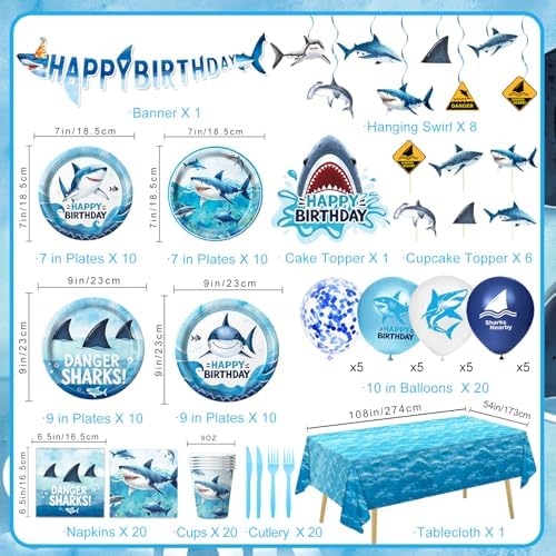 LINHAXM 157 PCS Shark Birthday Party Decorations Includes Plates, Napkins, Cups, Cutlery, Cake Toppers, Banner, Hanging Swirls, Tablecloth, Balloon for Under The Sea Party Decorations - Image 2