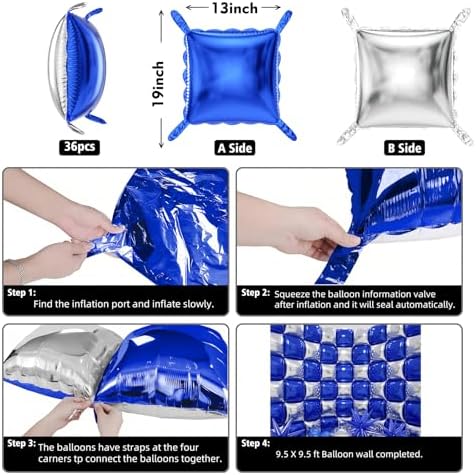 50pcs Navy Blue and Silver Square Foil Balloons Wall Backdrop with 147pcs Dark Blue and Silver Balloon Garland Arch Kit, Double Sided Balloon Tunnel for Birthday Graduation Party Decorations - Image 3