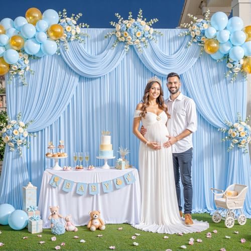 4 Panels Baby Blue Backdrop Curtain for Baby Shower Parties Wrinkle Free Light Blue Curtains Backdrop Drapes Fabric Decoration for Birthday Party Photography 20ft(W) x 10ft(H) - Image 3