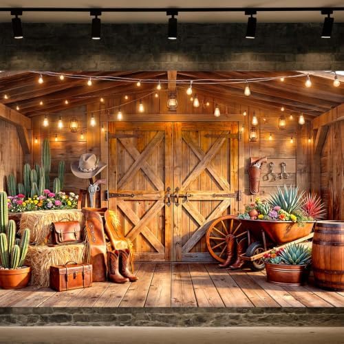 Western Cowboy Barn Wooden Door Backdrop Rustic Farm Hay Cactus Country Farmhouse Photography Background for Party Birthday Portrait Photo Booth Decor 6x6 FT - Image 5