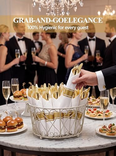 Supernal 30 Pack Pre Rolled Gold Plastic Silverware, Linen Feel Napkins - Image 4