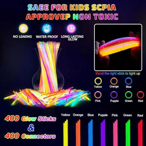 HONLYNE 500 Pack Glow Sticks Party Favors Bulk, 8" Glow in the Dark Party Supplies, Party Favors for Kids 8-12, Neon Glow Stick Bracelets & Necklaces for Raves, Halloween, Christmas, Birthdays - Image 6