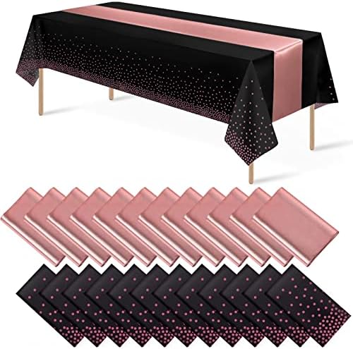 24Pack Disposable Plastic Tablecloth and Satin Table Runner Black and Rose Gold Dot Tablecloth Rose Gold Satin Table Runner for Wedding Birthday Baby Shower Anniversary Christmas New Year Party Supply by MASHAN