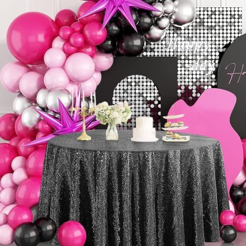 Pufogu 120" Round Black Sequin Tablecloth Glitter Black Table Cloths for Birthday Wedding Bridal Baby Shower Party Decorations - Image 6