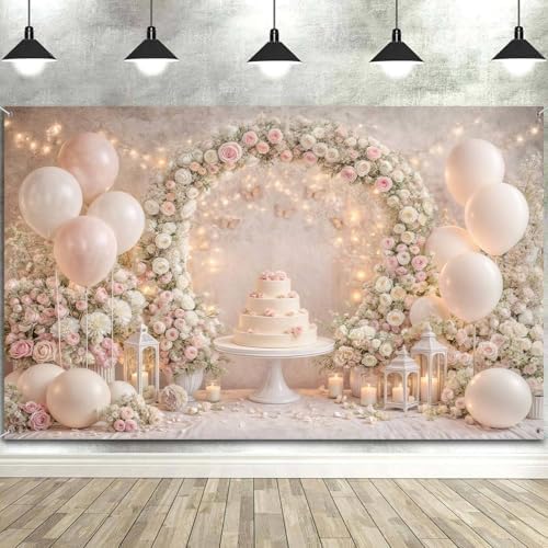 5X4ft Pink White Floral Backdrop Boho Arch Scene Birthday Balloons Photography Background Romantic Wedding Bridal Shower Kids Birthday Baby Shower Party Portrait Cake Photo Booth Studio Props - Image 5