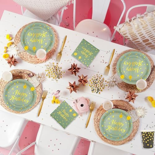 96PCS Happy Birthday Plates and Napkins Party Supplies, Sage Green and Gold Disposable Paper Plates and Napkins with Forks Tableware Set for Birthday Party Decorations 24 Guests (Birthday Sage Green) - Image 6