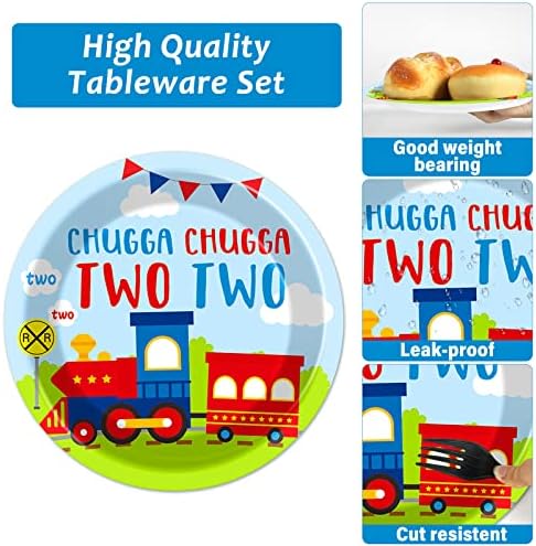 100 PCS Chugga Chugga Two Two Party Supplies Set Train Plates and Napkins 2nd Birthday Party Tableware Packs Decorations Transportation Disposable Paper Plates Napkins Forks For Kids Serve 25 - Image 4