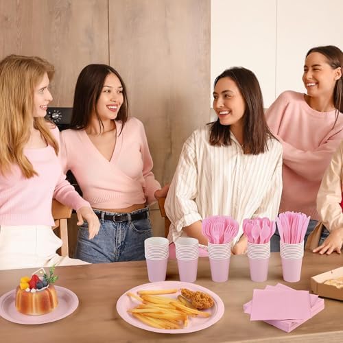 Kochorie 350 Pcs Pink Paper Dinnerware Set, 7 & 9 Inch Disposable Pink Dessert Plates Cups Napkins Cutlery Party Supplies for Birthday Wedding Baby Shower Party Decoration, Serve 50 - Image 6