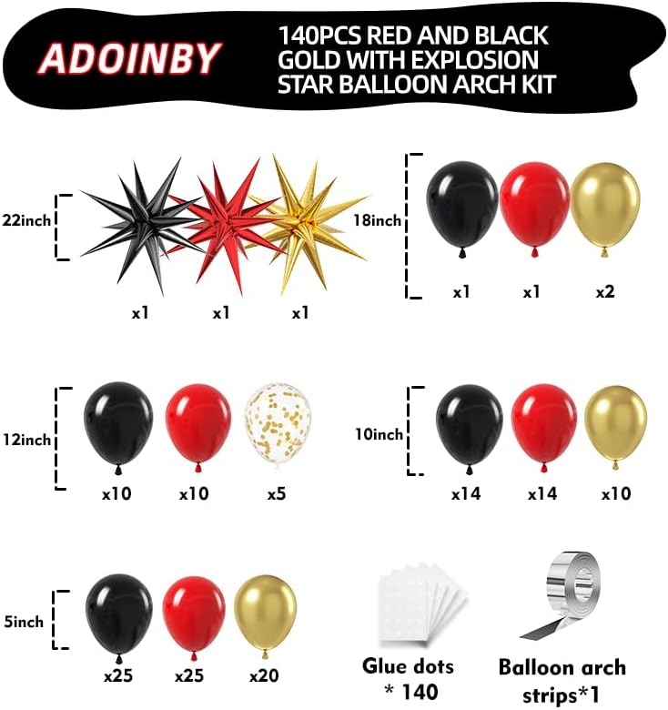 Red and Black Gold Balloon Arch Kit, 140Pcs Explosion Star Black and Red Metallic Gold Balloons 22 18 12 10 5 Inch Different Size Balloons for Birthday Casino Night Movie Night Decorations - Image 2