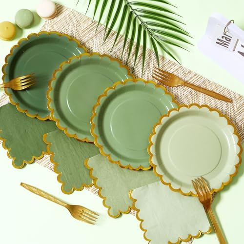 Green mix scalloped party plates with napkins and fork gold foil border, 24 Guest disposable Tableware Set Sage Green Party Decoration for Birthday Coquette Bridal Baby Shower Valentines - Image 3