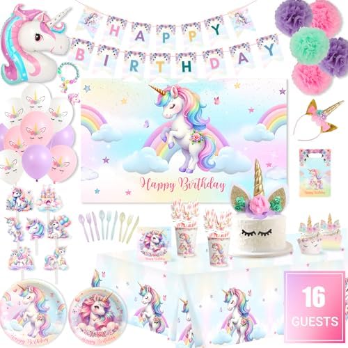 191 Pc Unicorn Birthday Decorations for Girls – Complete Unicorn Party Decorations Supplies Kit with Backdrop, Banner, Plates, Napkins, Balloons, Headband, Tablecloth – Rainbow Party For Kids - Image 6