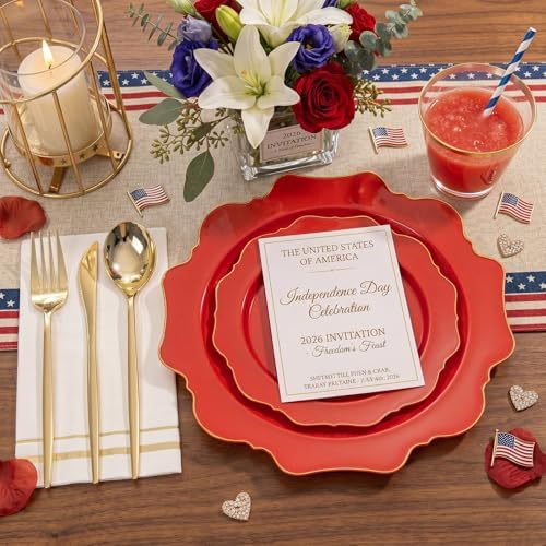 WDF 175Pcs Red Plates - Red Plastic Plates with Gold Rim - Fancy Disposable Dinnerware Sets Ideal for Party/Wedding/Christmas/Holidays - Image 2
