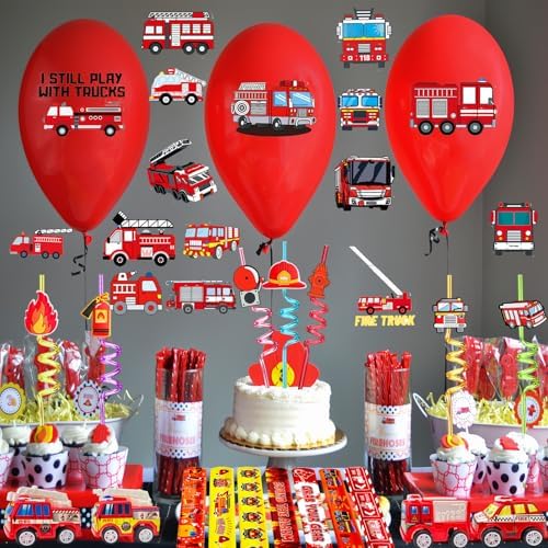Fire Truck Party Favors Set - 110 Pcs with Firefighter Stickers, Slap Bracelets, Drinking Straws & More for Firefighter Themed Birthday Party - Image 3