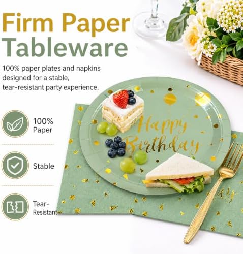 48PCS Happy Birthday Plates and Napkins Party Supplies, Sage Green and Gold Disposable Paper Plates and Napkins with Forks Tableware Set for Birthday Party Decorations 16 Guests (Sage Green) - Image 3