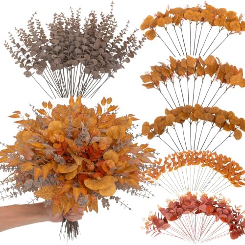 lovemoon 130 Pcs Fall Mixed Greenery Artificial Eucalyptus Stems, Orange by Lovemoon