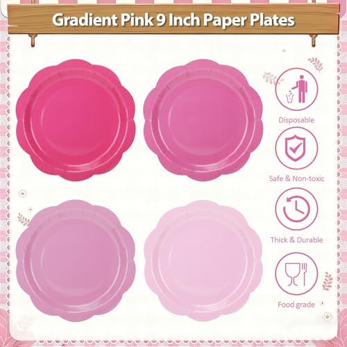 Pink Plates and Napkins Party Supplies, 9’’Disposable Pink Paper Plate, Gradient Pink Party Decorations Tableware Set for Birthday, Baby Shower, Wedding, Serves 48 - Image 3