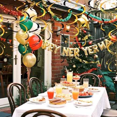 Colorful Ceiling Swirl Foil Decorations Hanging Plastic Streamer Themed Swirl Party Decoration for Wedding New Years Day Graduation Celebration, Pack of 28 (Gold, Black) - Image 7