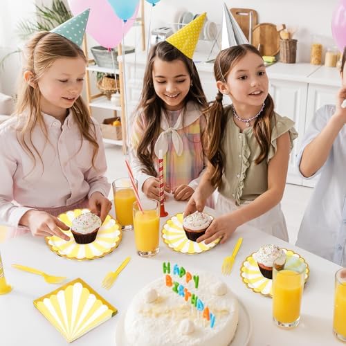 96PCS Yellow Party Paper Plates with Gold Scalloped Edge, Yellow Scalloped 9inch 7inch Dessert Paper Plates Party Supplies for Birthday Bridal Shower Picnic, Serve for 24 Guests, Striped - Image 7
