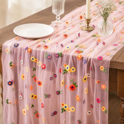 4 Pcs Flower Table Runner 29x72 Inch Pink Daisy Floral Tulle Decor by Unknown