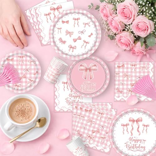219Pcs Pink Bow Birthday Decorations, Coquette Tableware Set 24 Guests - Image 4