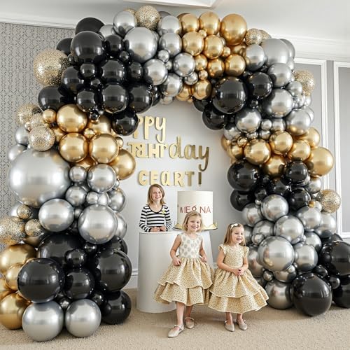 412Pcs Black Gold Silver Balloons Garland Arch Kit,18 12 10 5 Inch Different Size Latex Balloons for Graduation Birthday Wedding Party Decorations - Image 6