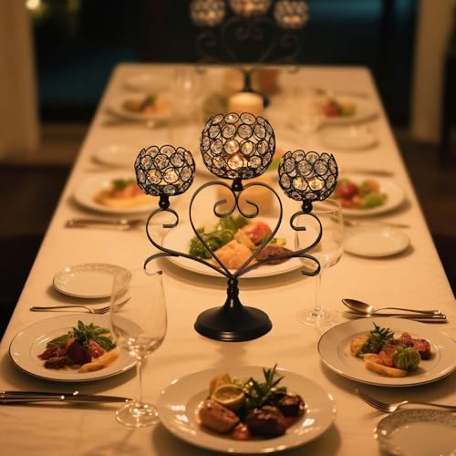 6 Pcs 3-Arm Heart Tea Light Candle Holder - Crystal & Metal Wedding Centerpiece Decor, Sparkling Table Decor for Anniversaries/Romantic Tabletop Home/Dinner Party/Events (6, Black) - Image 4