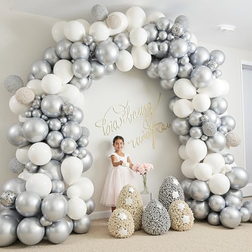 412Pcs White and Silver Balloons Arch Kit, 18 12 10 5 Inch White Metallic Silver Latex Balloon for Wedding Bridal Shower Engagement Anniversary Birthday Party Decorations - Image 6