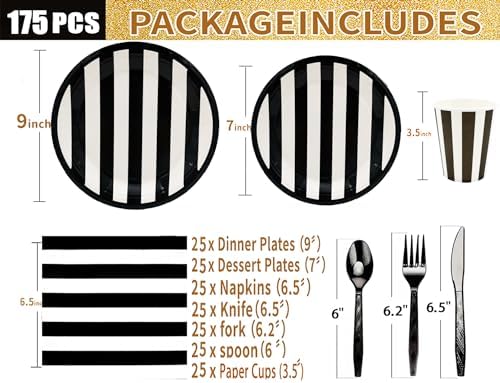 Serve25 175Pcs Black & White Striped Party Supplies - 9" & 7" Striped Paper Plates, Napkins, Cups, Cutlery for Black & White Birthday Party Decorations - Image 3