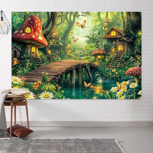 Spring Enchanted Forest Backdrop Green Fairy Tale Mushroom House Wonderland Jungle Photography Background Baby Shower Birthday Party Decorations Banner Photo Booth Props 12X10FT - Image 5