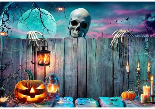 Renaiss 7x5ft Halloween Backdrop Skeleton Pumpkin Lantern Wooden Spooky Night Party Photography Background Ghost Wood Wall Halloween Party Decor Banner Horror Skull Halloween Photo Booth Props - Image 5