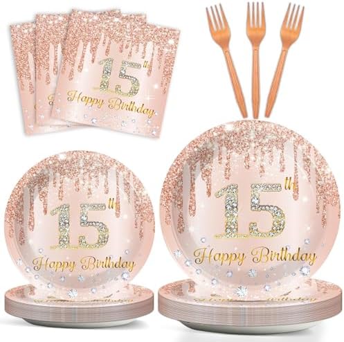96Pcs 15th Birthday Party Plates and Napkins for 15 Year Old Birthday Party Supplies Rose Gold Paper Dessert Plates 15th Birthday Tableware Set for Girls Women 24 Guests Party Decorations by CHUNNIN