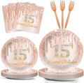 96Pcs 15th Birthday Party Plates and Napkins for 15 Year Old Birthday Party Supplies Rose Gold Paper Dessert Plates 15th Birthday Tableware Set for Girls Women 24 Guests Party Decorations by CHUNNIN
