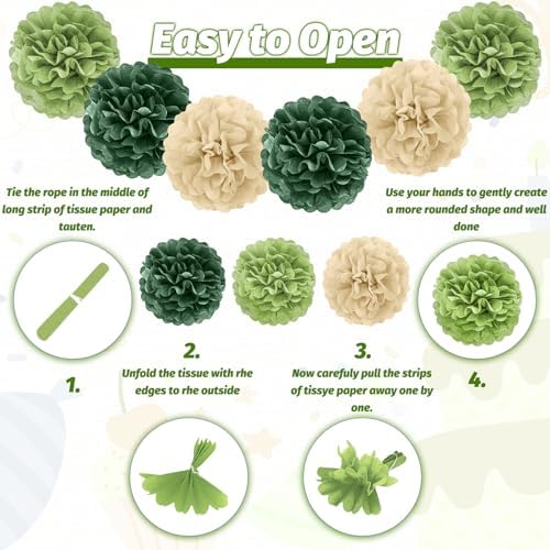 Retro Green Birthday Party Decorations for Women Girls, Happy Birthday Banner with Tissue Paper Pompoms, Paper Tassel, Circle Garland, Hanging Swirl, Party Balloons for Party Decorations - Image 4