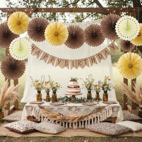 12PCS Brown Neutral Cream Paper Fans Decorations,Hanging Ceiling Honeycomb Round Tissue Paper Fans for Bridal Shower Rustic Boho Birthday Wedding Home Decor Party Decoration - Image 4