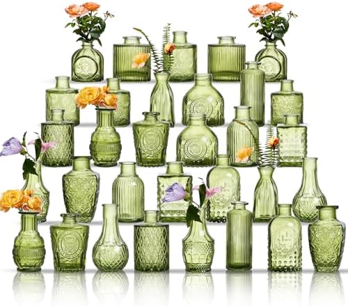 Glass Bud Vases Set of 32 - Green Assorted Small Mini Glass Vases for Flowers, Crystal Vintage Vase Set, Bulk Centerpieces for Table Décor, Wedding, Home and Events (Green, 32 Pcs) by Unknown