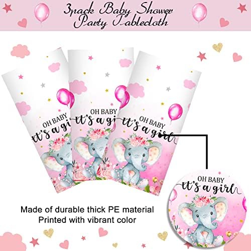 3 Pack Elephant Baby Shower Decorations - Plastic Tablecloth Table Cover Backdrop for Boy Girl Gender Party Supplies, 54 x 108 Inch, Pink - Image 2